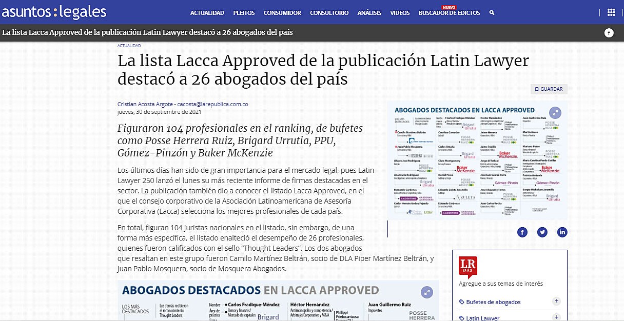 La lista Lacca Approved de la publicación Latin Lawyer destacó a 26 abogados del país
